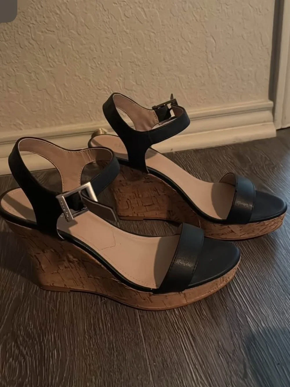 Charlies Black Leather Ankle-Strap Wedge Sandals